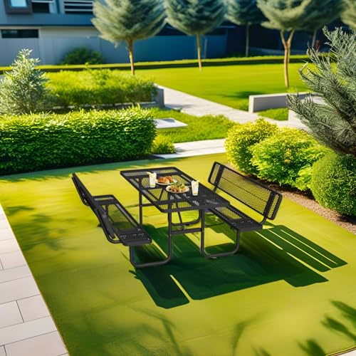 72" Rectangular Metal Picnic Tables for Outdoors with Backrest Seats Umbrella Hole - Coated Steel Heavy Duty Commercial Grade Table, Patio Rectangular Furniture Set for a Lifetime, Black - color: Black-backrest