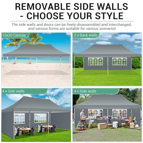 COBIZI 10x20 Pop Up Canopy with 4 Sidewalls, Conical Party Tent 10x20 with 3 Adjustable Height Waterproof, UV-Resistant EZ Outdoor Gazebo with Carry Bag, Sandbag, Stake, Rope for Parties, Commercial - color: Gray, size: 10x20FT with 4 sidewalls