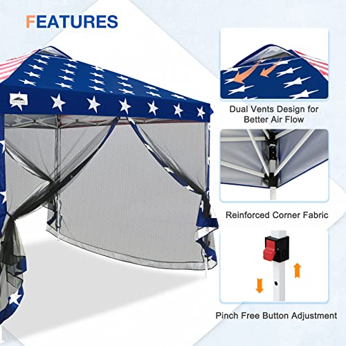 EAGLE PEAK 10x10 Outdoor Easy Pop up Canopy with Netting, Instant Screen Party Tent with Mesh Side Walls, American Flag - color: American Flag