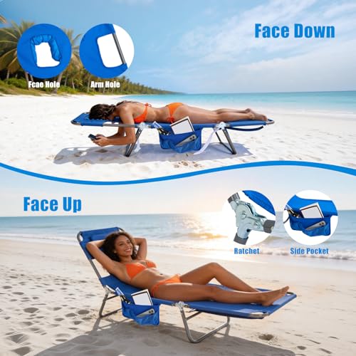 SUNNYFEEL Lay Flat Tanning Chair with Face Down Hole & Arm Slots, Backpack Beach Lounge Chair, 5-Position Folding Sunbathing Chair, 300 LBS Heavy Duty, 72" L x 22" W for Beach, Pool, Camping - color: Blue, size: Standard -1pcs