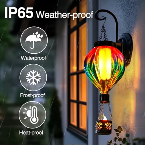 Hot Air Balloon Hanging Solar Lantern Outdoor Waterproof with Flickering Flame Gifts for Women Grandma Mom Glass Hanging Solar Lights Decorative for Outside Wall Front Porch Yard Garden Fence - color: Pink & Blue