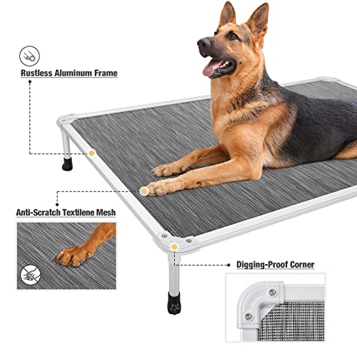 Veehoo Chew Proof Elevated Dog Bed - Cooling Raised Pet Cot - Silver Aluminum Frame and Durable Textilene Mesh Fabric, Unique Designed No-Slip Feet for Indoor or Outdoor Use, Black Silver, XX Large - color: Black Silver, size: 59.0"L x 37.5"W x 9.0"Th