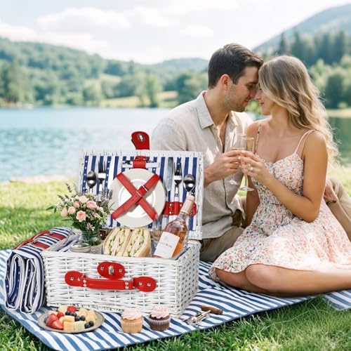 Wicker Picnic Basket for 2 with Waterproof Picnic Blanket and Insulated Bag, Patriotic Red White and Blue Star Pattern for Soccer Game, Camping, Travel, Birthday Gift, Wedding Gift - color: Classic Red White and Blue - 1