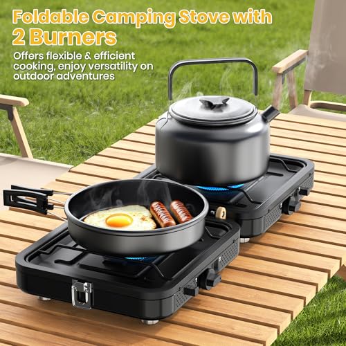 2 Burner Camping Propane Stove, Portable Folding Propane Stove with Carrying Bag, Adjustable High Heat Burners & Piezo Push-Button Instant Ignition, Outdoor Tailgating, Backyard BBQ Camping Essentials