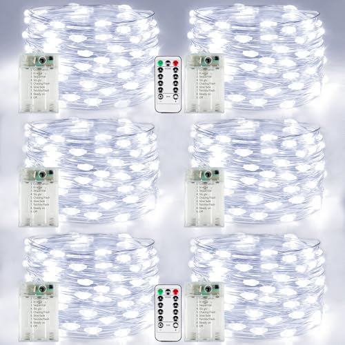 6 Pack Fairy Lights Battery Operated with Remote Control Timer, 26 FT 80 LED String Lights Outdoor Indoor, 8 Modes Twinkle Lights for Christmas Party Wedding Birthday Bedroom Décor (Cool White) - color: Cool White, size: 6 Pack80led