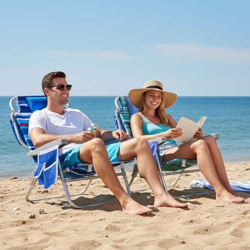 SUNNYFEEL Low Beach Chair 5 Position Lay Flat, Portable Folding Backpack Beach Chairs Heavy Duty with Cooler Bag, Cup Holder for Outdoor/Lawn/Picnic/Fishing, Foldable Camping Chair (New BlueStripe) - color: Blue Stripes, size: 1-pack