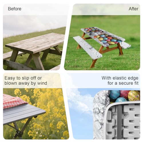 ANNA QUEEN Easter Bunny 6FT Picnic Table Cover with Bench Covers Set of 3 with Drawstring Bag, Bunny & Easter Eggs 72"x30" Waterproof Picnic Tablecloth & Bench Covers for Outdoor Party - color: #60