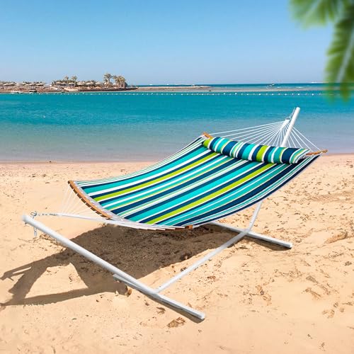 SUPERJARE Curved-Bar Hammock with Stand, 2 Person Heavy Duty Hammock Frame, Detachable Pillow & Portable Carrying Bag, Perfect for Outdoor & Indoor, Blue-Green Stripe - color: Blue-green Stripe