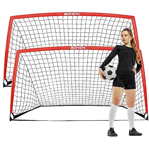 BOHEN 9x5 FT Kids Soccer Goals with Carry Bag, Portable Folding Soccer Net for Backyard Training, Indoor/Outdoor Use for Youth and Adult - color: Red, size: 9x5ft, 2 Pack
