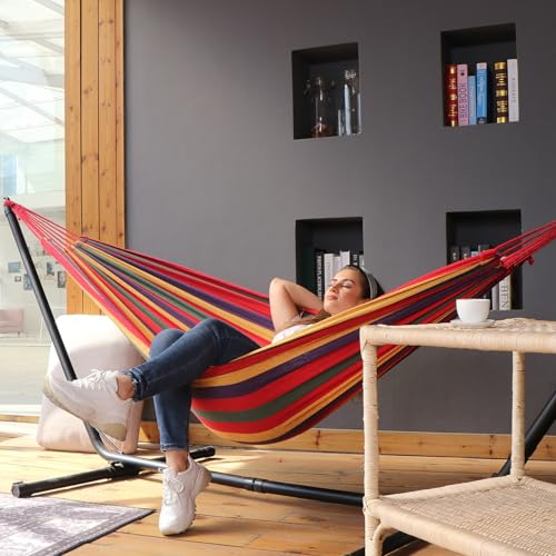ANYOO Cotton Hammock Portable Camping Hammocks for Hanging Sturdy Garden Comfortable Fabric Hammock with Tree Straps Up to 660lbs with Travel Bag for Camping Outdoor/Indoor Patio Backyard - color: Red