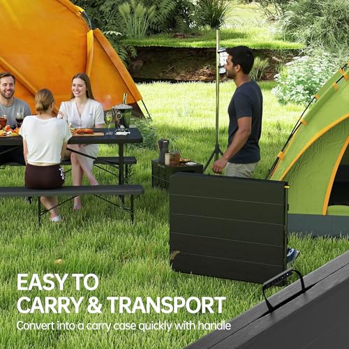Real Relax 6' Picnic Table with 2 Benches, 3 Piece Black Wood Grain Portable HDPE Folding Camping Table and Benches for Courtyard, Garden, Outdoor Leisure, Party - color: Black