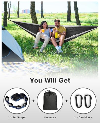 MOSFiATA Camping Hammock, Heavy Duty up to 700lbs with 2 Tree Straps and Attached Carry Bag Portable Outdoor Hammock for Backpacking Hiking Travel,Beach（Black Grey - color: Black Grey