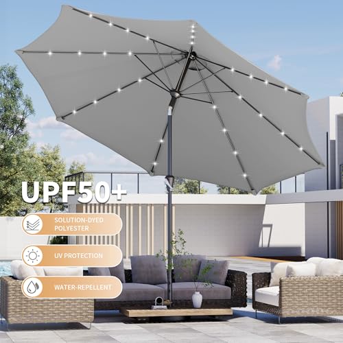 Kingdura 10FT Outdoor Patio Umbrella with Solar Lights, Market Table Umbrella with Push Button Tilt & Crank, 8 Sturdy Ribs, 32 LED Lights, UV Protection for Garden Lawn Deck Backyard Pool (Light grey) - color: Light grey-LED, size: 10 Ft
