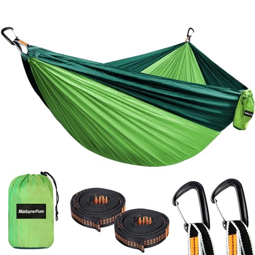 NATUREFUN Ultra-Light Travel Camping Hammock | 300kg Load Capacity,Breathable,Quick-Drying | 2 x Premium Carabiners,2 x Nylon Slings Included | Outdoor Indoor Garden - color: Light Green/Dark Green, size: 300x200cm