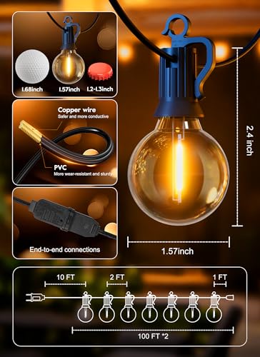 Outdoor String Patio Lights, 200FT 100 LED Patio Lights Waterproof, Connectable Shatterproof Hanging Outside String Light for Backyard, Porch, Deck, Balcony, Garden, House Decor, 2200K - size: 200ft