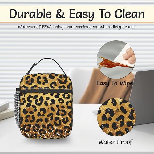 Leopard Print Lunch Box for Men,Gold Glitter Lightweight Reusable Lunch Bag for Girls Boys,Portable Insulated Small Cooler Bag for Picnic,Travel,School,Office - color: Leopard Print