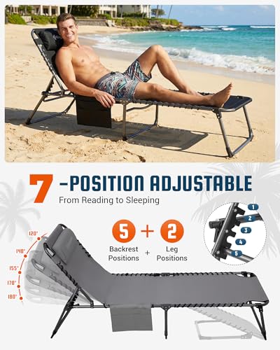 KingCamp Lounge Chair Outdoor,400LBS Tanning Chairs for Outside,Adjustable 5-Position Patio Lounge Chair Sunbathing Chase Lounge Chair Outdoor for Outside Beach Patio Sun Bathing Pool Backyard - color: A*trifold Origins——grey, style: 400lbs&Pinch-Proof Sa