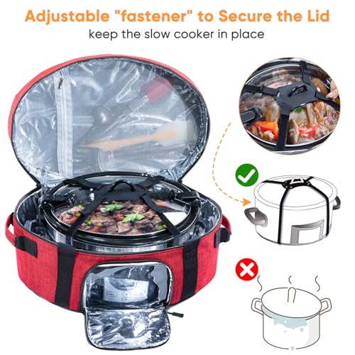 Insulated Slow Cooker Carrying Bag for 6-8 Quart CrockPot and Hamilton Beach Slow Cooker with See-thought Window, Portable Carrier Case with Adjustable Band and Accessory Pocket - color: Red
