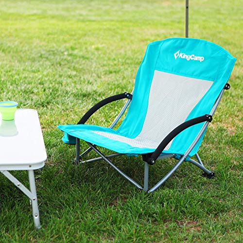 KingCamp Low Beach Chair, High Back Folding Camping Chair for Adults, Oversized Breathable Mesh Seat, 300lbs Heavy Duty Portable Chair with Cup Holder & Storage Pockets for Beach, Outdoor - color: Ergobreeze C Cyan 2pcs