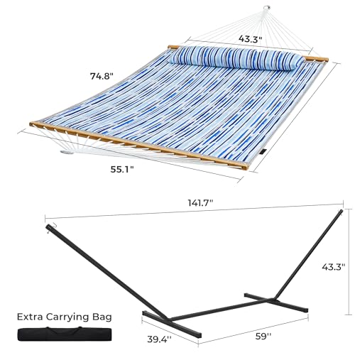 SUPERJARE Hammock with Stand, 2 Person Quilted Outdoor Hammock, Detachable Pillow & Bamboo Spreaders, Portable Hammock with Carrying Bag, Heavy Duty Stand, Perfect for Outside, Patio, Graffiti Blue - color: Graffiti Blue, size: 55.1"W × 74.8''D × 43.3''H