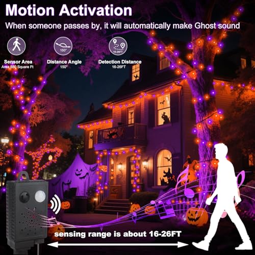 echosari Connectable 400 LED Halloween String Lights, Motion Sensor Scary Sound 66Ft Orange and Purple Halloween Lights Outdoor Waterproof 4 Sound Effects for Yard Party Tree Decor - color: Orange Purple