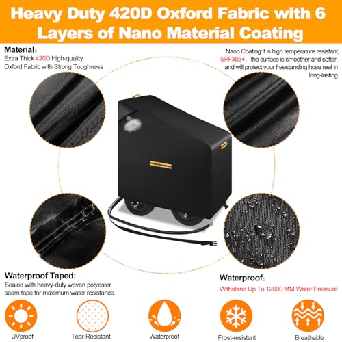 Hose Reel Cart Covers for Outside,Heavy Duty 420D Hosepipes Cover for Garden with Air Vent,Waterproof Strip,2 Reflective Strip Handles,Univeral Protective Hose Holder Cover,All Season Protection
