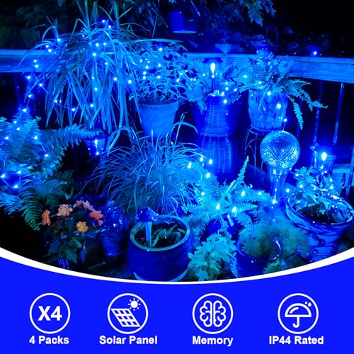 QITONG 4 Pack Solar Fairy Lights, Each 33ft 100 LED Blue Christmas String Light Outdoor Waterproof, 8 Modes Silver Wire Twinkle Mini Lights - color: Blue, size: 4Pack*100LED