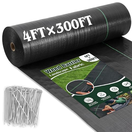 4FT x 300FT Weed Barrier Landscape Fabric Heavy Duty, Weed Control Garden Cloth with 120 U-Shaped Securing Pegs, Woven Weed Blocker Fabric Ground Cover for Garden Beds, Commercial Driveway - size: 4FT x 300FT
