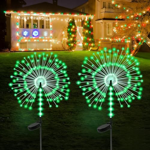 2 Pack 250LED Solar Garden Lights Outdoor, Dual Lighting Modes Firework Lights Solar Powered, Waterproof Twinkle Fairy Light Outside for Yard Patio Pathway Christmas Party Decorative(Green) - color: Green 02
