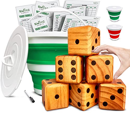 SWOOC Yardzee, Farkle & 20+ Games - Light-Weight Yard Dice Game Set (All Weather) with Collapsible Bucket, 5 Big Laminated Score Cards, and Marker (Choose 2.5in or 3.5in Dice) Yard Games - color: Green, size: 2.5" Dice