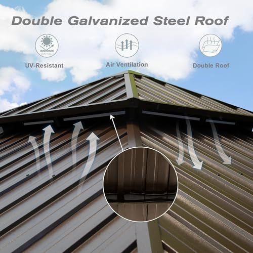 Domi 12' x 12' Hardtop Gazebo, Outdoor Metal Gazebo for Patios with Galvanized Steel Double Roof, Heavy Duty Curtains and Netting Included, Permanent Pergola for Backyard, Garden Lawn, Brown - color: Brown, size: 12'×12' Double Roof
