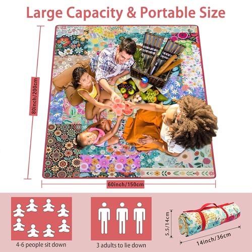 Supfitness Extra Large Picnic Blankets Waterproof Foldable (60 "x 80") Beach Blanket Waterproof Sandproof,3-Layer Thicking Mat Outdoor Packable Camping Blanket - color: Flower, size: 60x80in