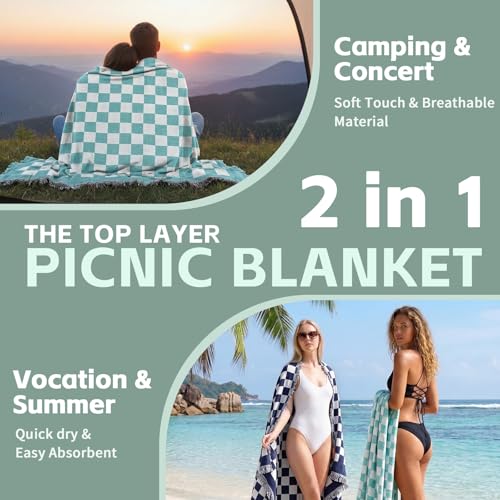 2 in 1 Extra Large Boho Beach Blanket Towel Picnic Camp Mat Family Beach Trip Essentials Summer Vacation Must Have Travel Accessories Lake Day Necessities Stuff Thing Need Gear Gift Item Gadget 2026 - color: Checkered Aqua