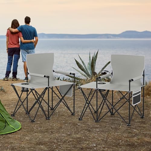 Goplus Oversized Camping Chair with Side Table, Folding Heavy-Duty Picnic Chair w/ 2 Storage Pockets, Cup Holder, Padded Armrests, Carrying Bag, Portable Outdoor Chair for Fishing RV Trip (Gray,1) - color: Grey