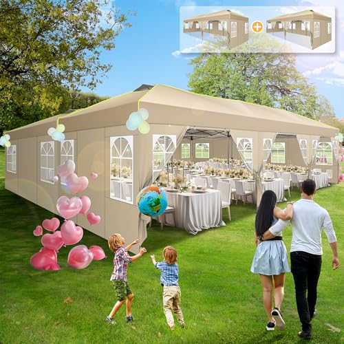 COBIZI 10x30 Pop Up Canopy Tent, Wedding Party Tent with 8 Sidewall One Push Setup Glow, 3 Adjustable Height Air Vent Waterproof UPF50+, Wheeled Bag, 4 Sandbag, 8 Stake, Ropes for Commercial, Outdoor - color: Khaki, size: 10x30 with 8 Sidewalls