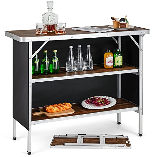 Goplus Folding Camping Table, Aluminum Portable Pop-Up Bar Table with 2-Tier Storage Shelves, Removable Cloth Cover, Foldable Camp Table for Picnic, Tailgate, Party, Travel, Outdoor - color: Grey