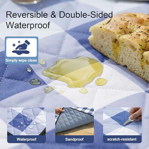 2 in 1 Tote Picnic Blanket Waterproof Outdoor Camping Mat,Large Capacity Beach Blanket 80''x80'' 7 Layers Easy to Foldable and Carry. - color: Bluecheck