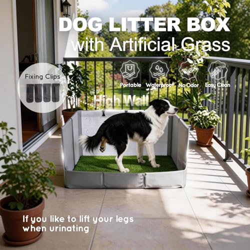 HQ4US 4LEGS Dog Grass Pad with Foldable Dog Litter Box High Walls & Grate, 2PCS Odor Free Artificial Grass for Dogs Potty Pee Pad Holder Tray No Assembly Waterproof Easy Clean Portable for Travel