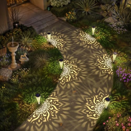 gardencave 6 Pack Solar Lights Outdoor Garden Decorative Mandala Solar Garden Lights with Warm Light Waterproof Solar Pathway Landscape Light for Path Patio Backyard Walkway Yard Decor (White) - color: White