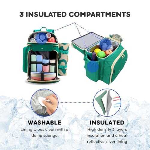 J World Picnic Backpack Cooler for 4. Insulated Picnic Basket Set with Folding Waterproof Blanket. Beach Camping Wedding Engagement Gift for Couples, Green - color: Green