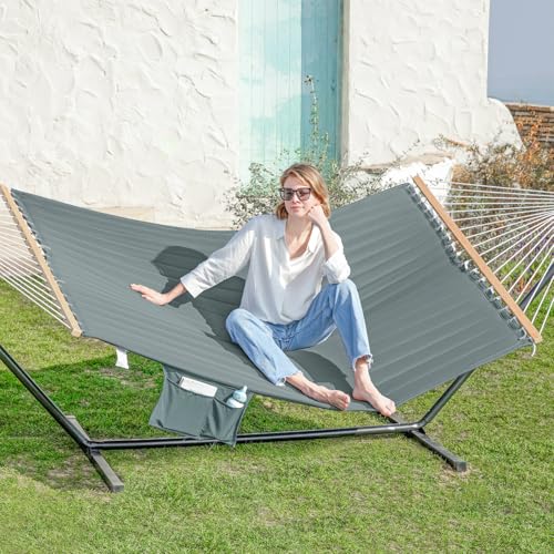 GAFETE 2 Person Hammock with Stand for Outside, Heavy Duty Steel Stand, Double 55inch Hammocks, Large Removable Pillow, Storage Bags, Max 475 lbs Capacity (Mist Green) - color: Mist Green