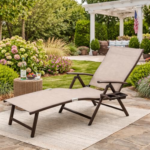 Kozyard Aluminum Outdoor Chaise Lounge Chair, Adjustable Reclining Patio Lounge with Drink Holder, Weather-Resistant Pool, Deck & Yard Recliner, Assemble-Free (1Pack, Beige) - color: Beige