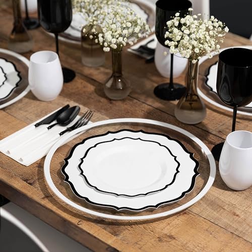 PLASTICPRO 32 Pack Elegant Disposable Plastic Plates Combo Set Includes 16 Dinner Plates and 16 Salad Plate Heavy Duty Fancy Party Plates White & Black Contemporary Design - color: White & Black Contemporary