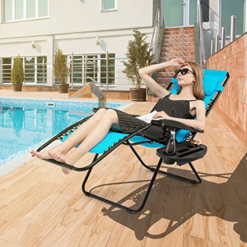 Giantex Zero Gravity Reclining Chair, Outdoor Patio Recliner with Cup Holder & Removable Pillow, Adjustable Backrest, Indoor Lounge Chair for Backyard, Garden, Poolside (Blue) - color: Blue, size: 1 Count (Pack of 1)