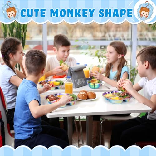 Tioncy 15 Pcs Stainless Steel Kids Dinner Set, 3 Bowls, 3 Balanced Bites Divided Plates, 3 Cups, 3 Spoons and 3 Forks, Stainless Steel Lunch Plates Dinnerware Set for Kids Toddlers(Monkey) - style: Monkey