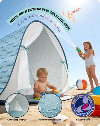 Baby Beach Tent, 2026 Upgrade Pop Up UPF 50+ UV Protection Sun Shelter Canopy with Mosquito Net Portable Outdoor Shade Summer Essentials for Babies & Toddlers- Blue - style: Blue Waves