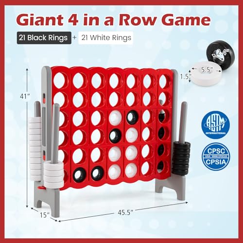 KOTEK Giant 4-in-a-Row Game, 3.5 Feet Tall Jumbo 4-to-Score Family Fun Game with Quick-Release Sliders & 42 Large Rings, Oversized Connect Plastic Yard Game Outdoor for Kids & Adults (Brown+Red) - color: Brown+red