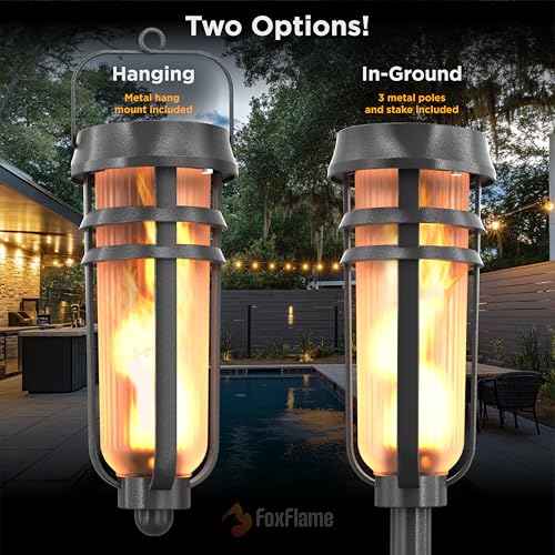FoxFlame Metal Solar Torch Lights-Adjustable Height (24"-50"), Outdoor Garden Decor with Patented LED, Waterproof Solar Tiki Torches for Yard,Patio,Garden Pathway,Matte Black–2 Pack - style: Metal Torch