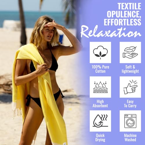 Beach Towel 100% Cotton Turkish Beach Towel Adult 38x70 Inch Pre-washed Absorbent Extra Large|Sand Free Quick Dry BathTowels|Lightweight Blanket|Travel Cruise Camping Spa Gym Yoga Sports Towel|Yellow - color: Bright Yellow