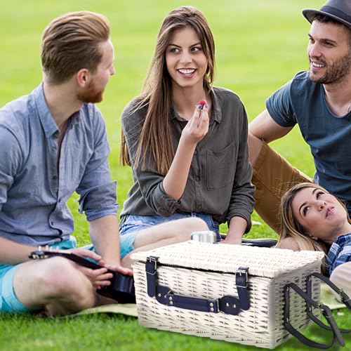 Picnic Basket for 4 Persons with Waterproof Picnic Blanket and Insulated Cooler, Large Wicker Picnic Basket for Camping, Outdoors, Valentine's Day, Christmas, Birthday, Wedding Gift - color: White Basket